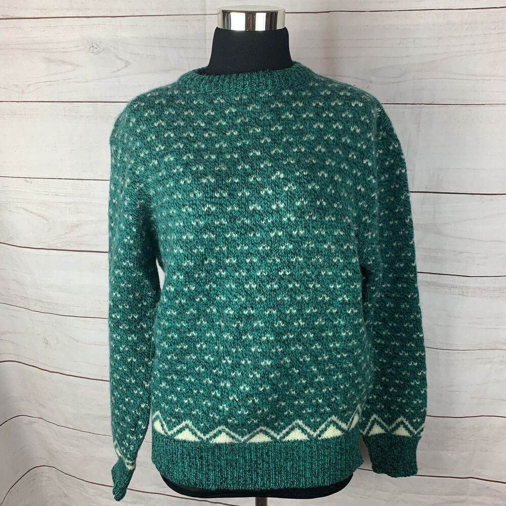 Wool Green sweater pullover jumper medium 8 small 6 Aztec tribal geometric knit